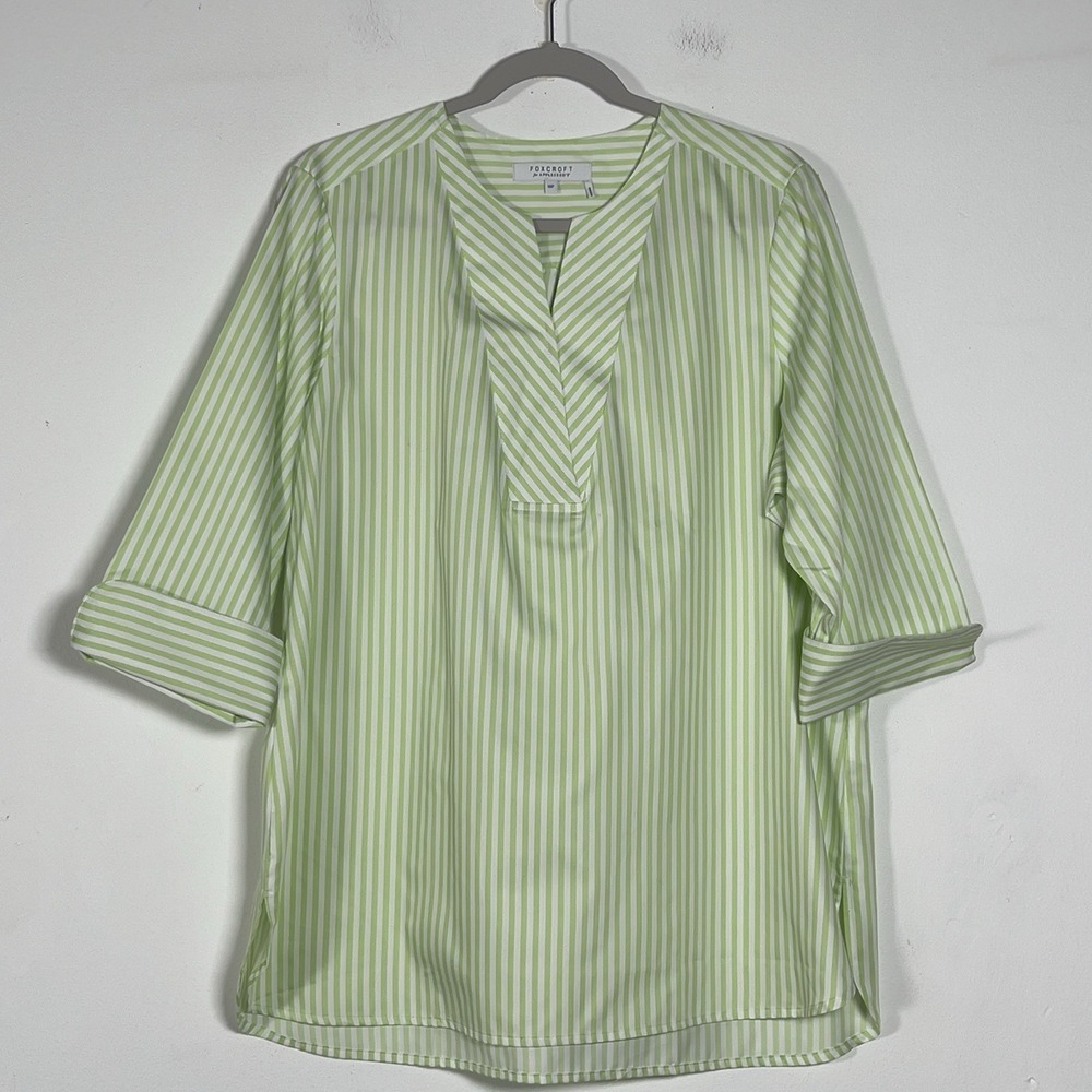 Foxcroft Appleseeds Pullover Tunic Top Womens 18P Green Striped 3/4 Sleeve‎